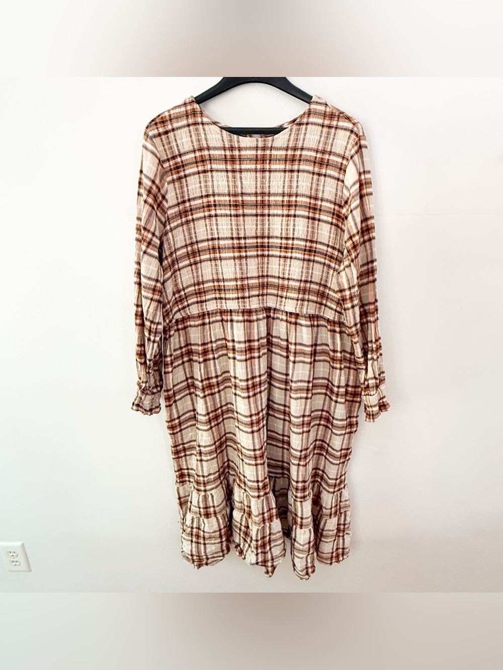 Terra & Sky Women 100% Cotton Plaid Long Sleeve Dress 3X Woodland Prairie Brown